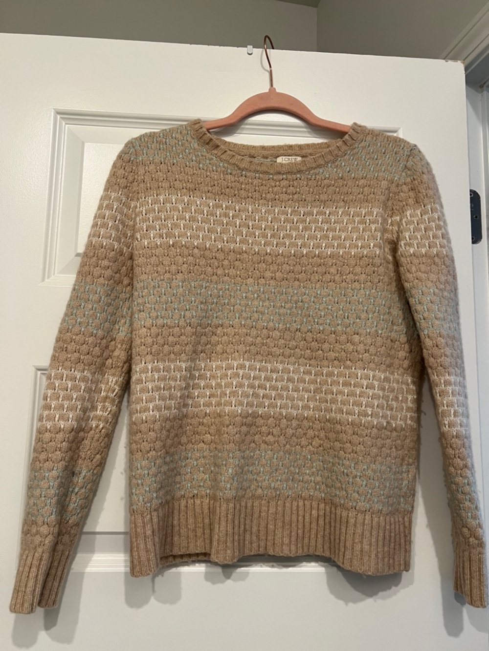 J. Crew Tan, Light Blue & White Textured Crewneck Sweater